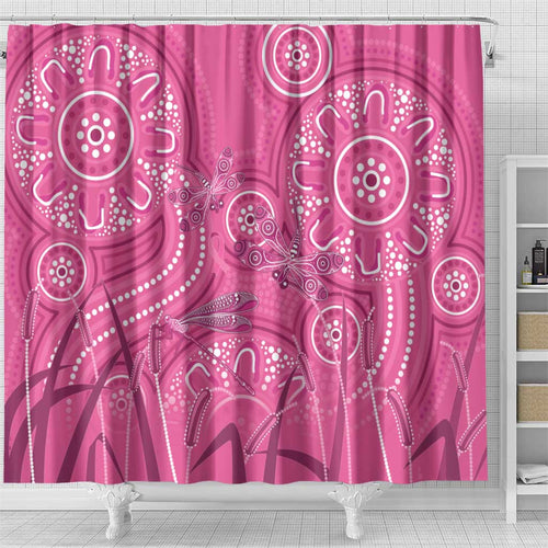 Australia Indigenous Pink Month Shower Curtain Breast Cancer Aboriginal Dragonflies Ribbon - Aussie Hoodie