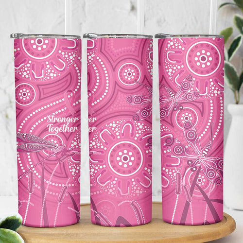 Australia Indigenous Pink Month Skinny Tumbler Breast Cancer Aboriginal Dragonflies Ribbon - Aussie Hoodie