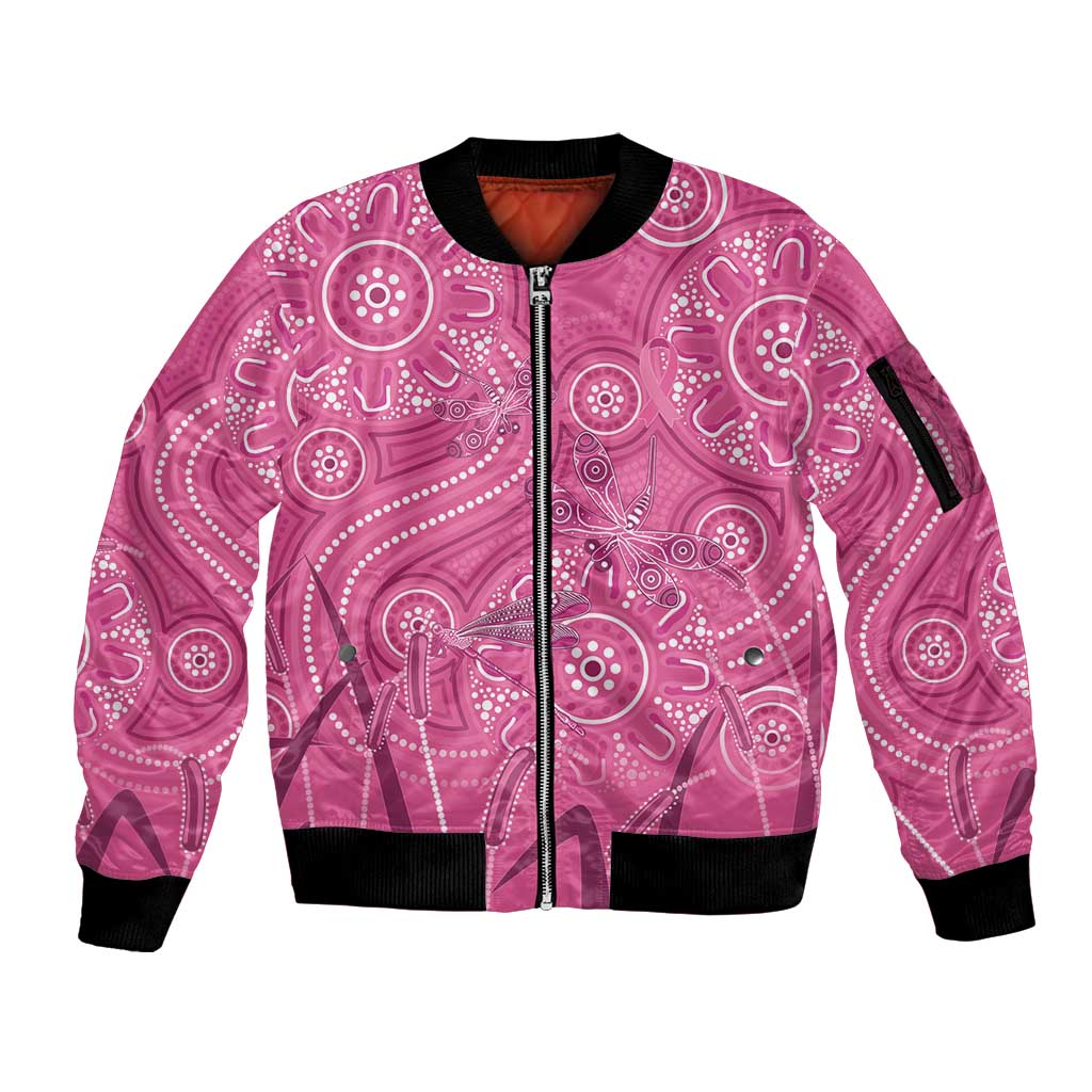 Australia Indigenous Pink Month Sleeve Zip Bomber Jacket Breast Cancer Aboriginal Dragonflies Ribbon - Aussie Hoodie