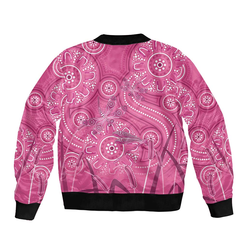 Australia Indigenous Pink Month Sleeve Zip Bomber Jacket Breast Cancer Aboriginal Dragonflies Ribbon - Aussie Hoodie