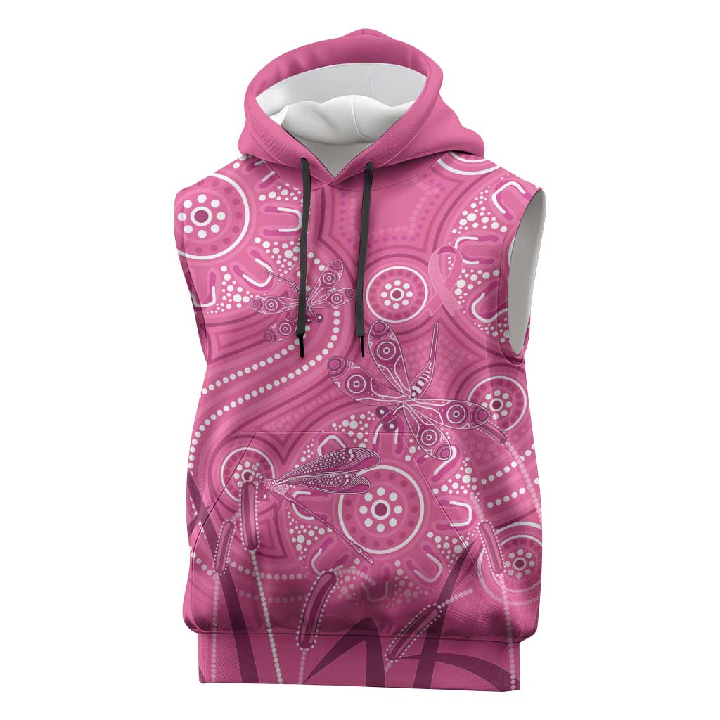 Australia Indigenous Pink Month Sleeveless Hoodie Breast Cancer Aboriginal Dragonflies Ribbon - Aussie Hoodie