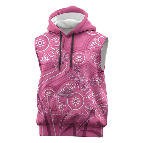 Australia Indigenous Pink Month Sleeveless Hoodie Breast Cancer Aboriginal Dragonflies Ribbon - Aussie Hoodie