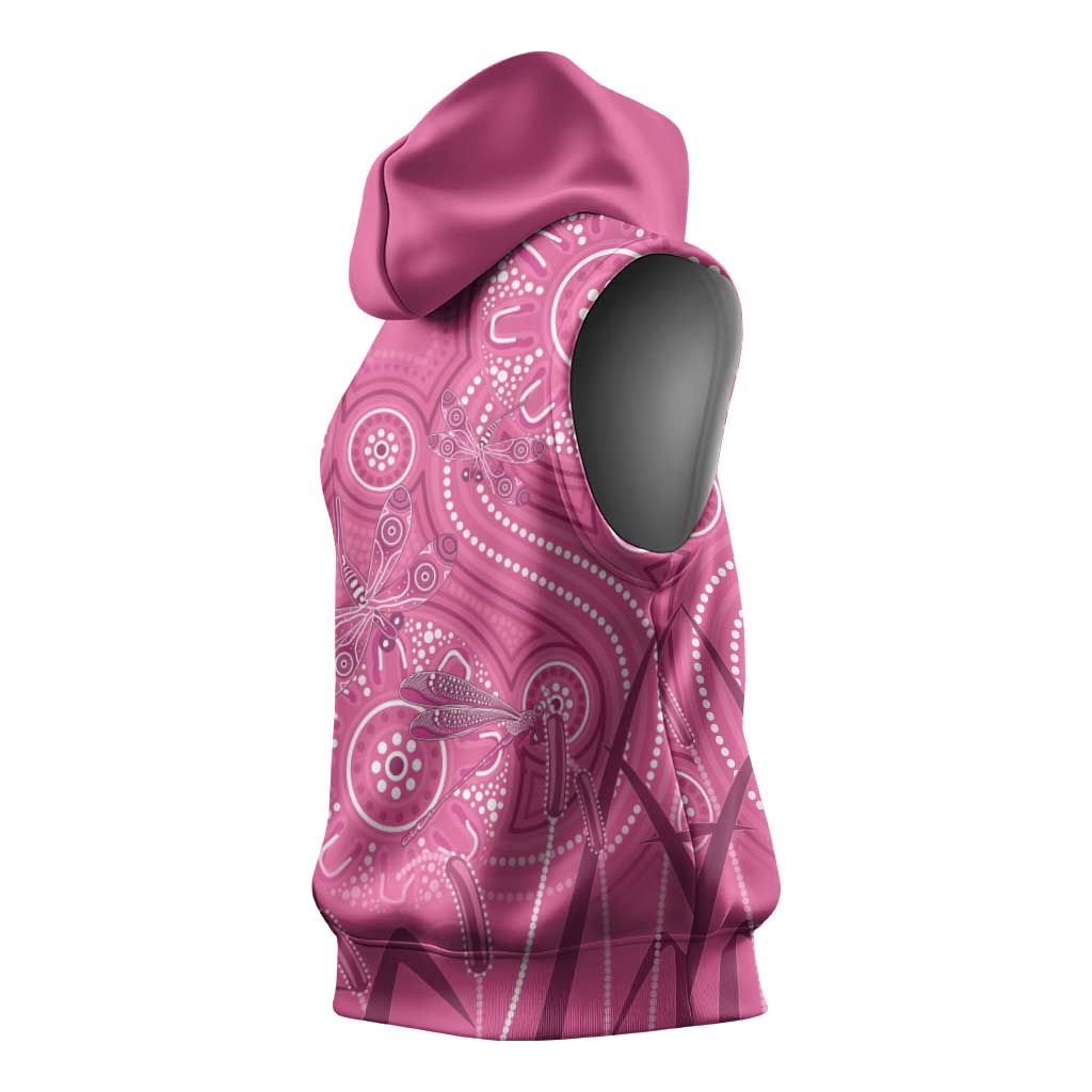 Australia Indigenous Pink Month Sleeveless Hoodie Breast Cancer Aboriginal Dragonflies Ribbon - Aussie Hoodie