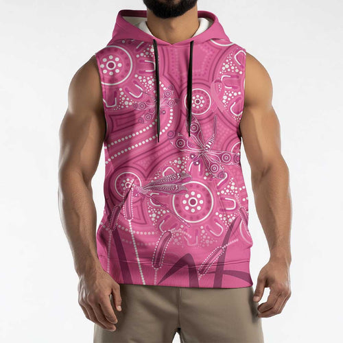 Australia Indigenous Pink Month Sleeveless Hoodie Breast Cancer Aboriginal Dragonflies Ribbon - Aussie Hoodie
