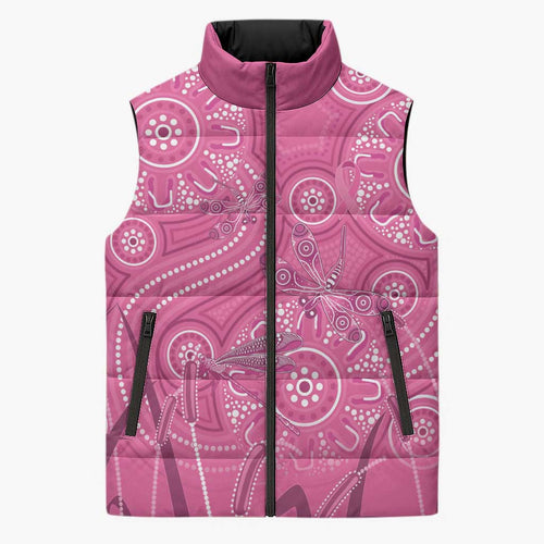 Australia Indigenous Pink Month Sleeveless Puffer Jacket Breast Cancer Aboriginal Dragonflies Ribbon - Aussie Hoodie