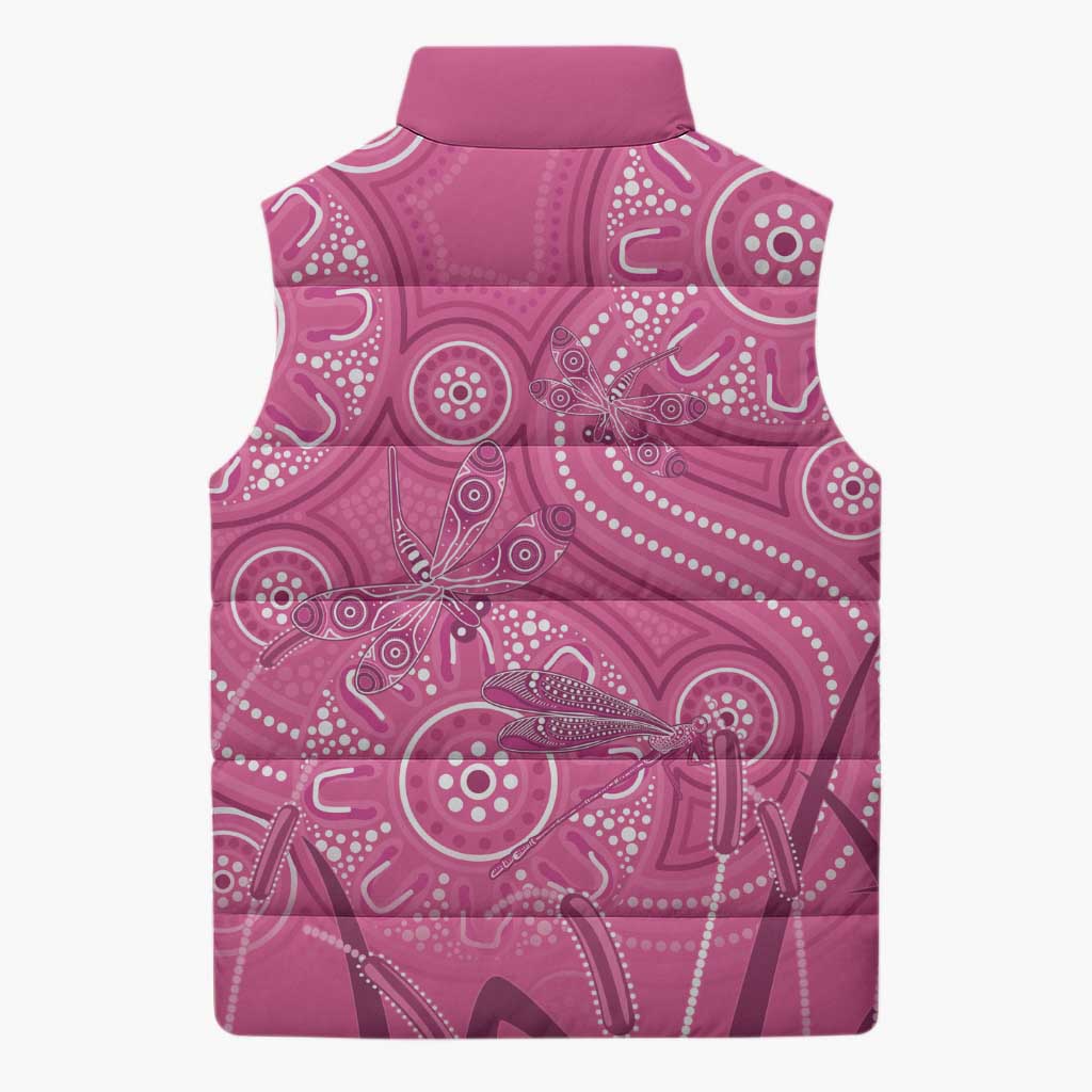 Australia Indigenous Pink Month Sleeveless Puffer Jacket Breast Cancer Aboriginal Dragonflies Ribbon - Aussie Hoodie