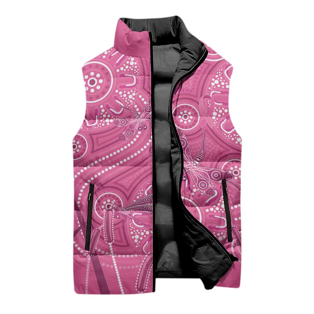 Australia Indigenous Pink Month Sleeveless Puffer Jacket Breast Cancer Aboriginal Dragonflies Ribbon - Aussie Hoodie