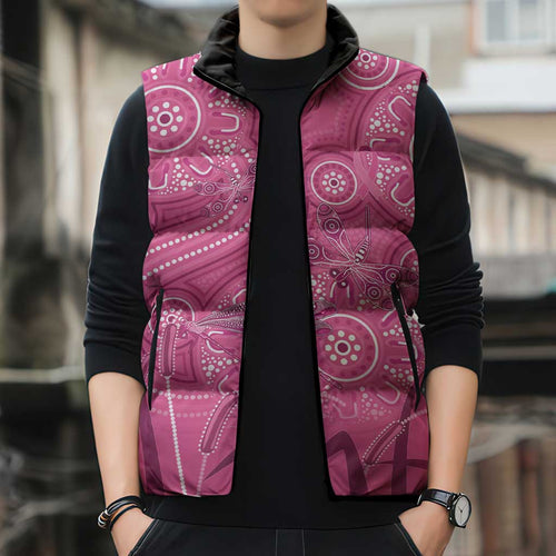 Australia Indigenous Pink Month Sleeveless Puffer Jacket Breast Cancer Aboriginal Dragonflies Ribbon - Aussie Hoodie