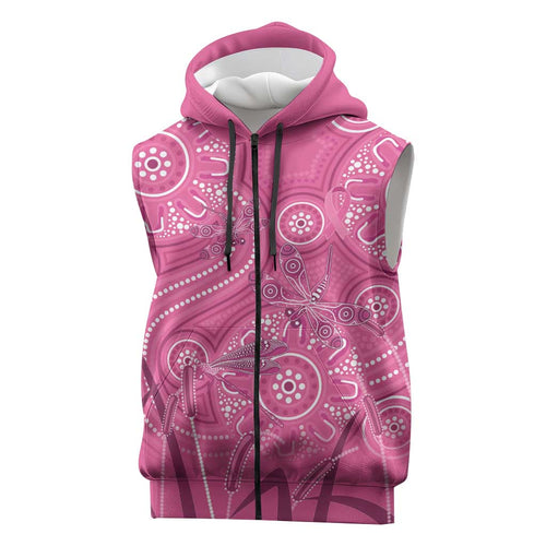 Australia Indigenous Pink Month Sleeveless Zip Hoodie Breast Cancer Aboriginal Dragonflies Ribbon LT14