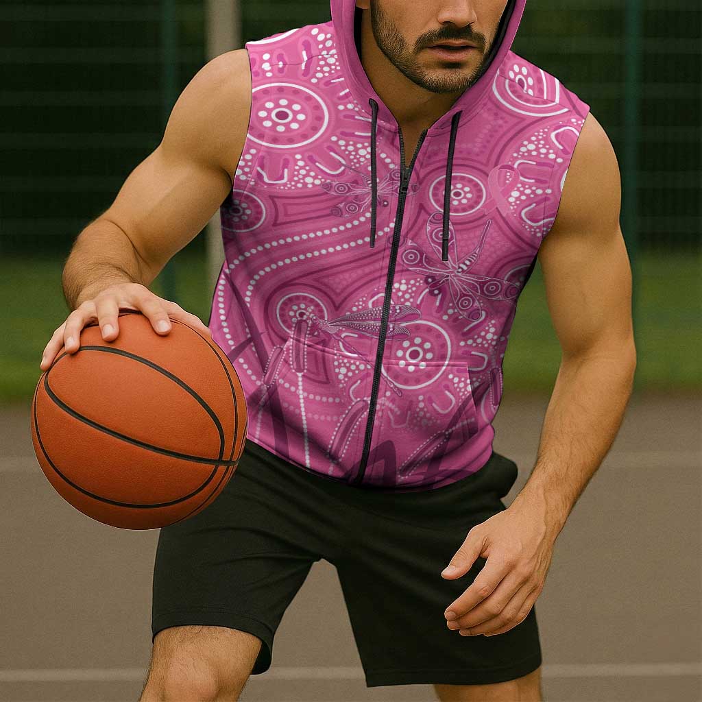 Australia Indigenous Pink Month Sleeveless Zip Hoodie Breast Cancer Aboriginal Dragonflies Ribbon LT14