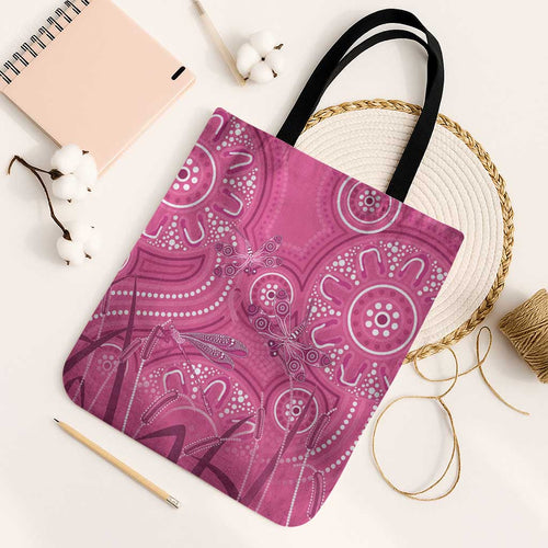 Australia Indigenous Pink Month Tote Bag Breast Cancer Aboriginal Dragonflies Ribbon - Aussie Hoodie