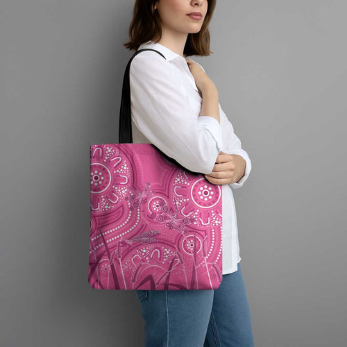Australia Indigenous Pink Month Tote Bag Breast Cancer Aboriginal Dragonflies Ribbon - Aussie Hoodie