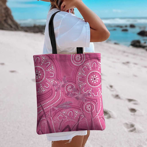 Australia Indigenous Pink Month Tote Bag Breast Cancer Aboriginal Dragonflies Ribbon - Aussie Hoodie