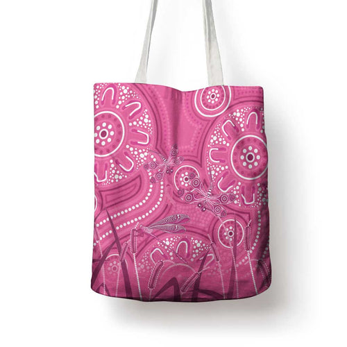 Australia Indigenous Pink Month Tote Bag Breast Cancer Aboriginal Dragonflies Ribbon - Aussie Hoodie