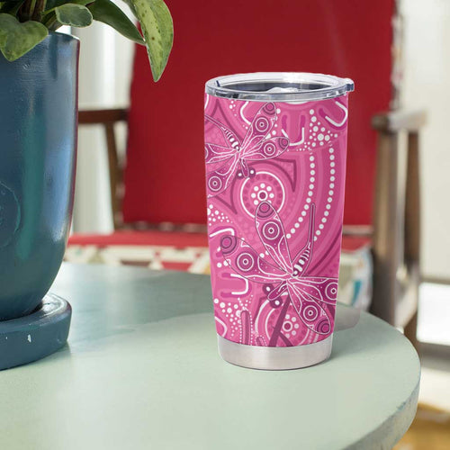 Australia Indigenous Pink Month Tumbler Cup Breast Cancer Aboriginal Dragonflies Ribbon - Aussie Hoodie