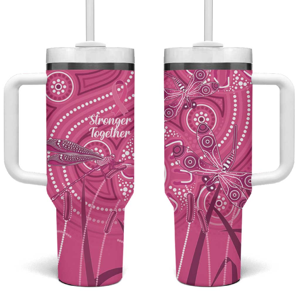 Australia Indigenous Pink Month Tumbler With Handle Breast Cancer Aboriginal Dragonflies Ribbon - Aussie Hoodie