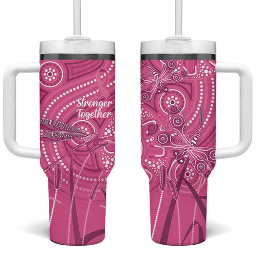Australia Indigenous Pink Month Tumbler With Handle Breast Cancer Aboriginal Dragonflies Ribbon - Aussie Hoodie