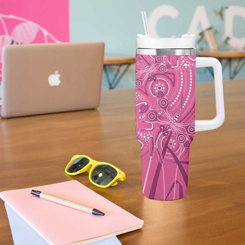 Australia Indigenous Pink Month Tumbler With Handle Breast Cancer Aboriginal Dragonflies Ribbon - Aussie Hoodie