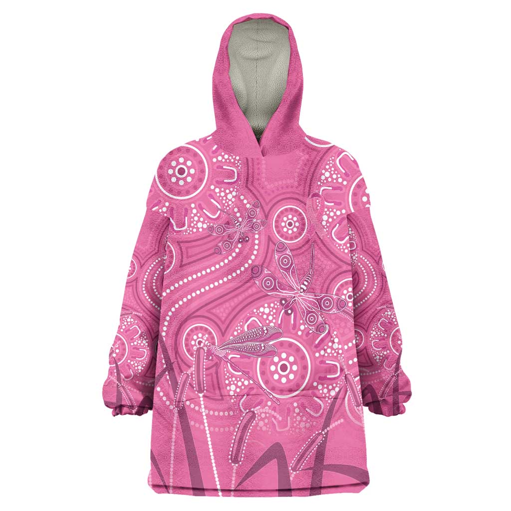 Australia Indigenous Pink Month Wearable Blanket Hoodie Breast Cancer Aboriginal Dragonflies Ribbon - Aussie Hoodie