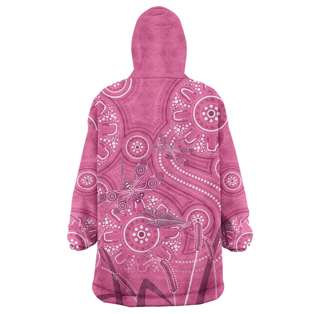 Australia Indigenous Pink Month Wearable Blanket Hoodie Breast Cancer Aboriginal Dragonflies Ribbon - Aussie Hoodie