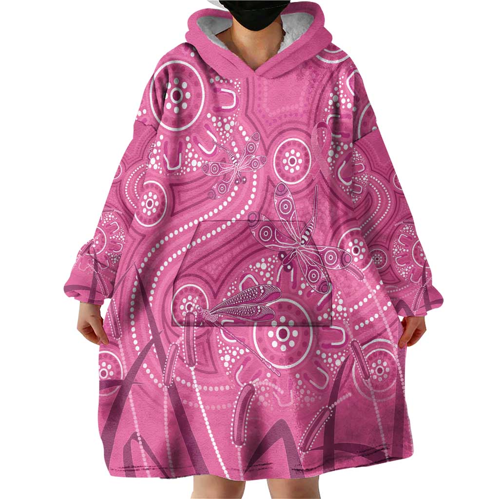 Australia Indigenous Pink Month Wearable Blanket Hoodie Breast Cancer Aboriginal Dragonflies Ribbon - Aussie Hoodie