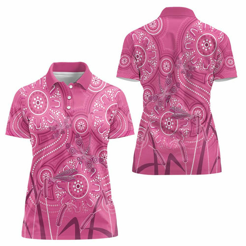 Australia Indigenous Pink Month Women Polo Shirt Breast Cancer Aboriginal Dragonflies Ribbon - Aussie Hoodie