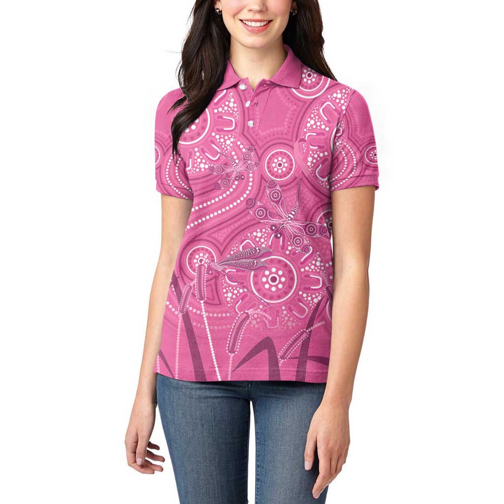 Australia Indigenous Pink Month Women Polo Shirt Breast Cancer Aboriginal Dragonflies Ribbon - Aussie Hoodie