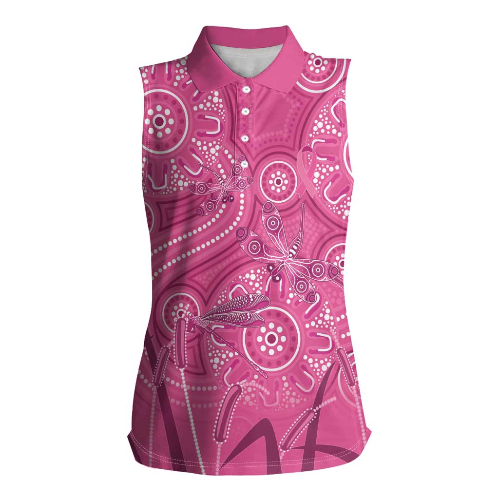 Australia Indigenous Pink Month Women Sleeveless Polo Shirt Breast Cancer Aboriginal Dragonflies Ribbon - Aussie Hoodie
