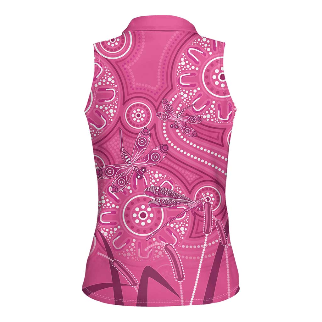 Australia Indigenous Pink Month Women Sleeveless Polo Shirt Breast Cancer Aboriginal Dragonflies Ribbon - Aussie Hoodie