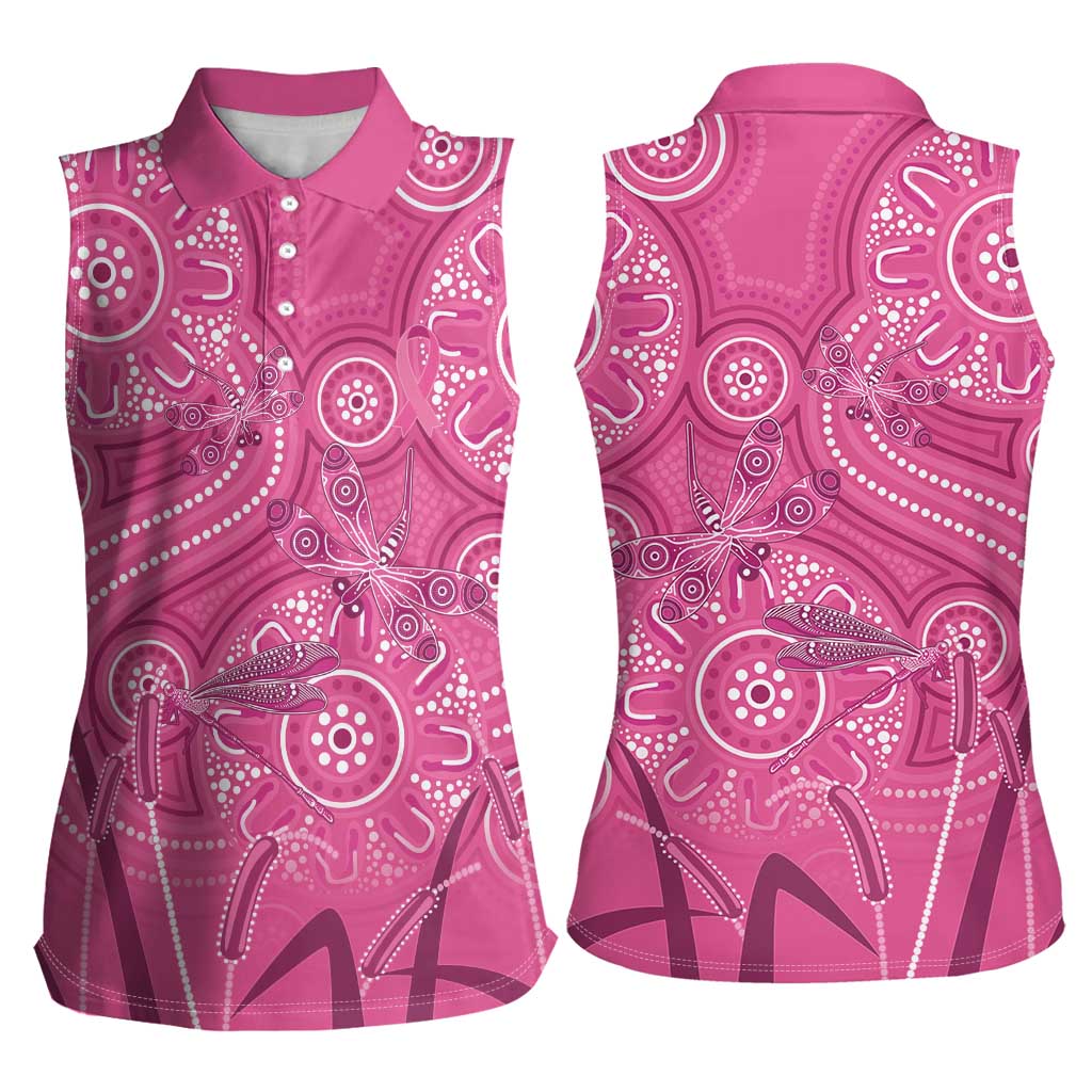 Australia Indigenous Pink Month Women Sleeveless Polo Shirt Breast Cancer Aboriginal Dragonflies Ribbon - Aussie Hoodie
