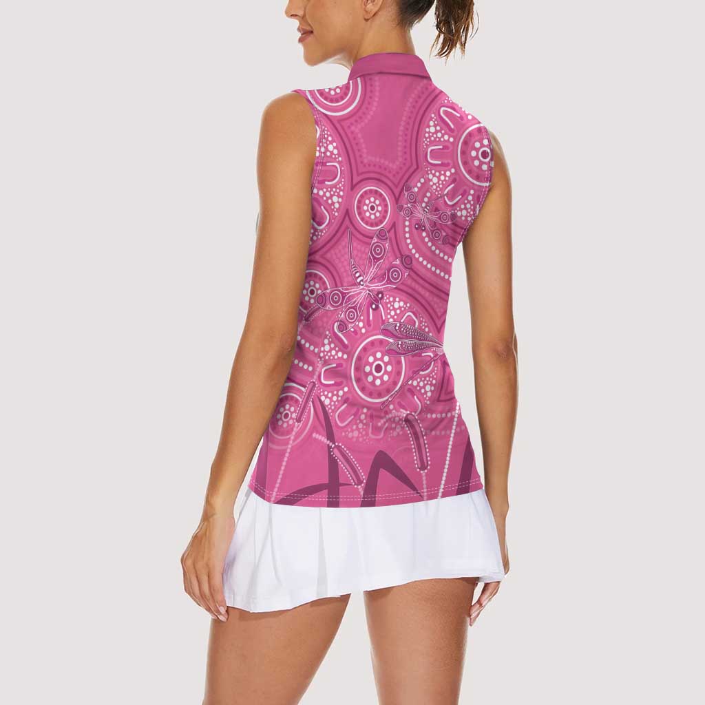 Australia Indigenous Pink Month Women Sleeveless Polo Shirt Breast Cancer Aboriginal Dragonflies Ribbon - Aussie Hoodie