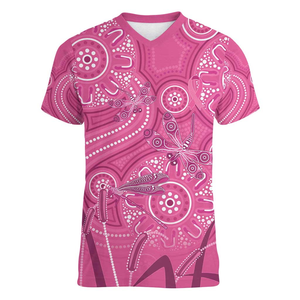 Australia Indigenous Pink Month Women V-Neck T-Shirt Breast Cancer Aboriginal Dragonflies Ribbon - Aussie Hoodie