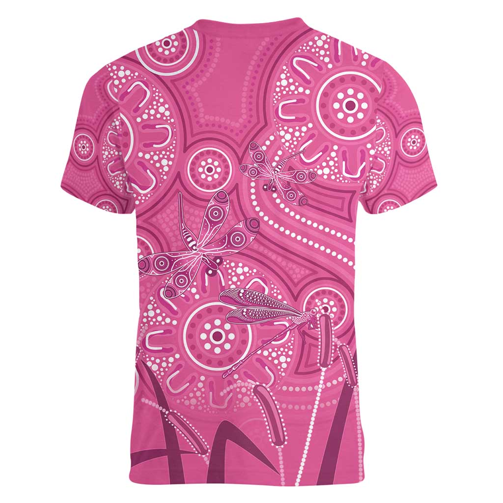 Australia Indigenous Pink Month Women V-Neck T-Shirt Breast Cancer Aboriginal Dragonflies Ribbon - Aussie Hoodie