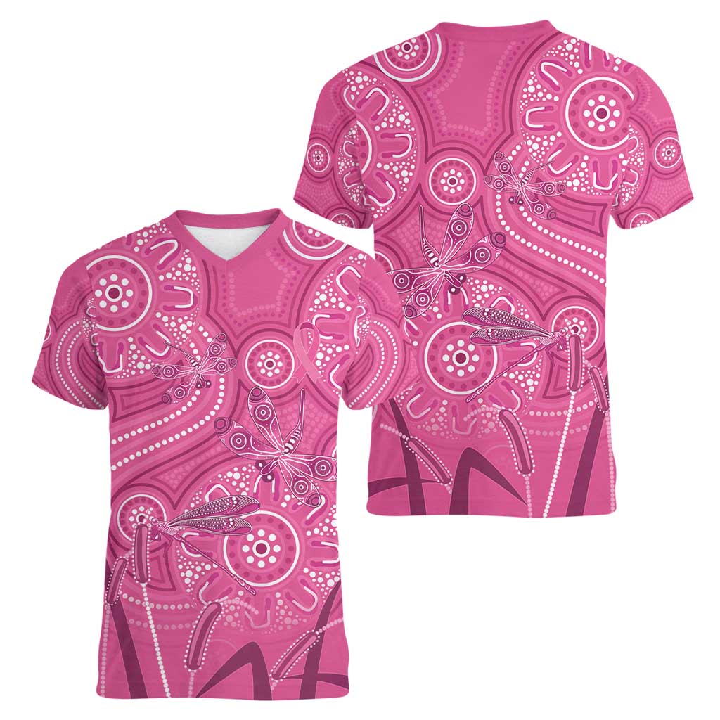 Australia Indigenous Pink Month Women V-Neck T-Shirt Breast Cancer Aboriginal Dragonflies Ribbon - Aussie Hoodie