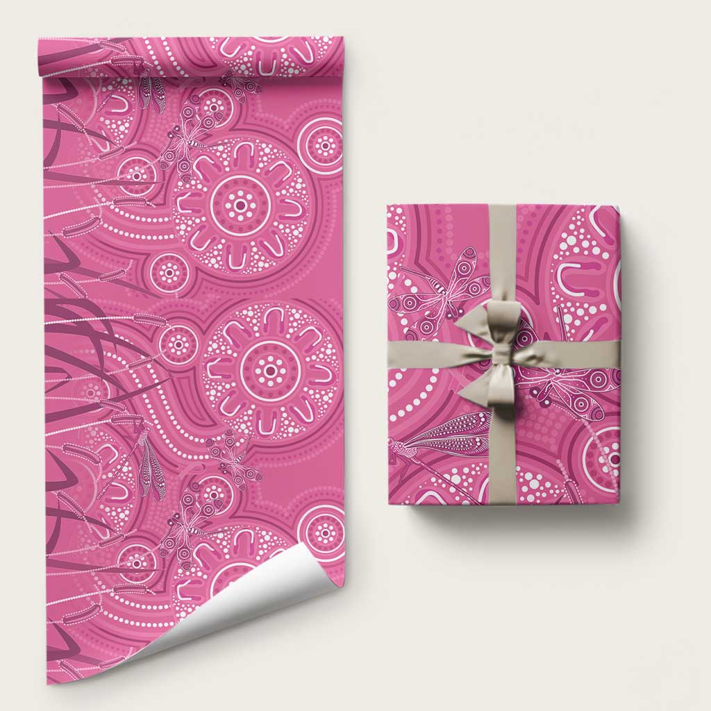 Australia Indigenous Pink Month Wrapping Paper Breast Cancer Aboriginal Dragonflies Ribbon - Aussie Hoodie