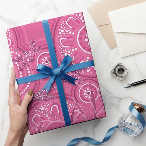 Australia Indigenous Pink Month Wrapping Paper Breast Cancer Aboriginal Dragonflies Ribbon - Aussie Hoodie