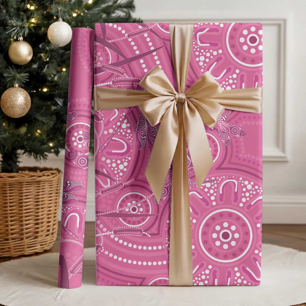 Australia Indigenous Pink Month Wrapping Paper Breast Cancer Aboriginal Dragonflies Ribbon - Aussie Hoodie