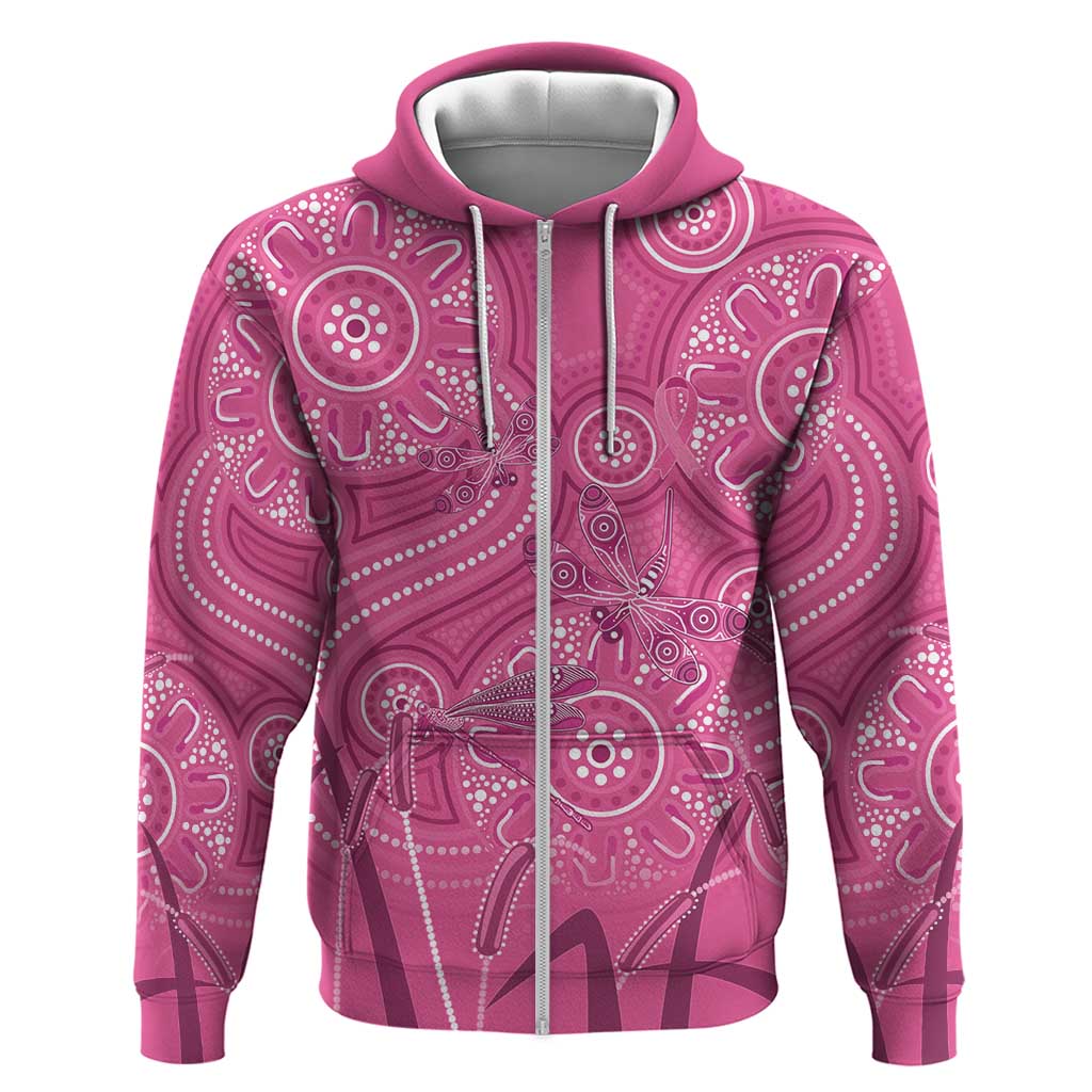 Australia Indigenous Pink Month Zip Hoodie Breast Cancer Aboriginal Dragonflies Ribbon - Aussie Hoodie