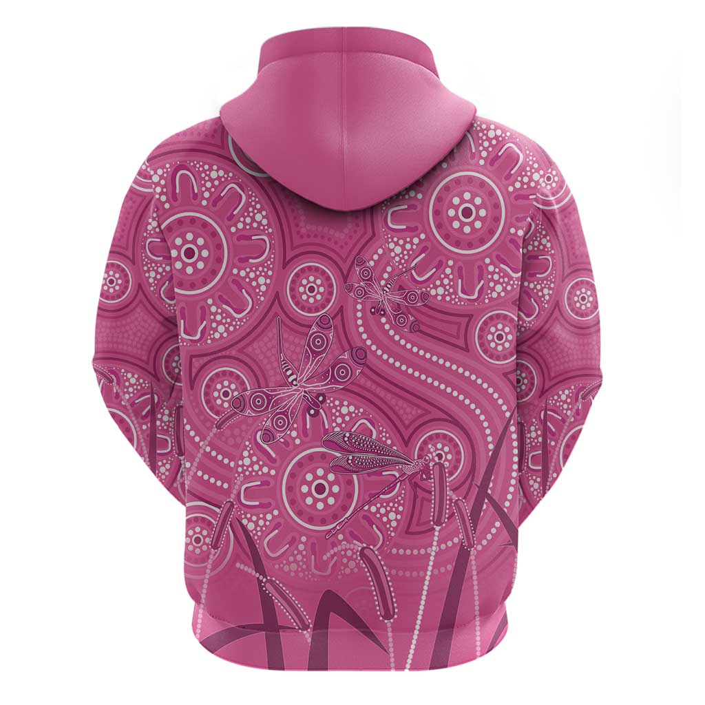 Australia Indigenous Pink Month Zip Hoodie Breast Cancer Aboriginal Dragonflies Ribbon - Aussie Hoodie