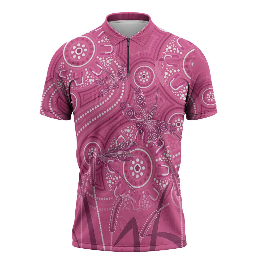 Australia Indigenous Pink Month Zipper Polo Shirt Breast Cancer Aboriginal Dragonflies Ribbon - Aussie Hoodie