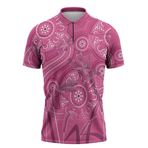 Australia Indigenous Pink Month Zipper Polo Shirt Breast Cancer Aboriginal Dragonflies Ribbon - Aussie Hoodie