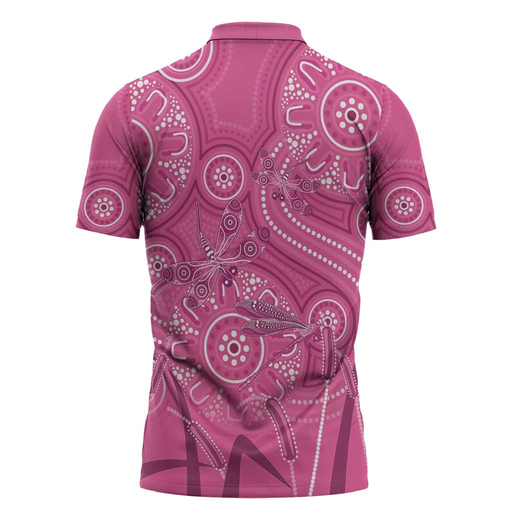 Australia Indigenous Pink Month Zipper Polo Shirt Breast Cancer Aboriginal Dragonflies Ribbon - Aussie Hoodie