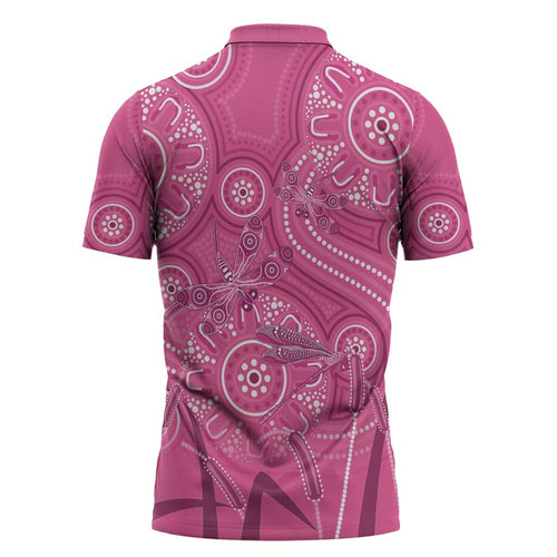 Australia Indigenous Pink Month Zipper Polo Shirt Breast Cancer Aboriginal Dragonflies Ribbon - Aussie Hoodie