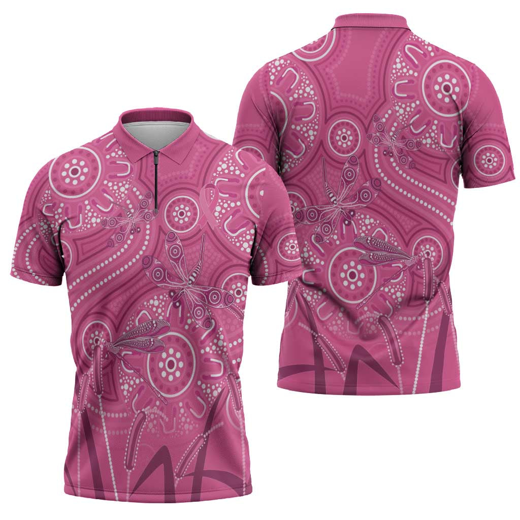 Australia Indigenous Pink Month Zipper Polo Shirt Breast Cancer Aboriginal Dragonflies Ribbon - Aussie Hoodie