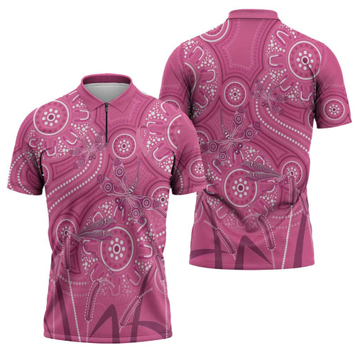 Australia Indigenous Pink Month Zipper Polo Shirt Breast Cancer Aboriginal Dragonflies Ribbon - Aussie Hoodie