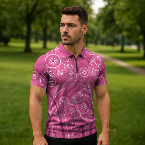 Australia Indigenous Pink Month Zipper Polo Shirt Breast Cancer Aboriginal Dragonflies Ribbon - Aussie Hoodie