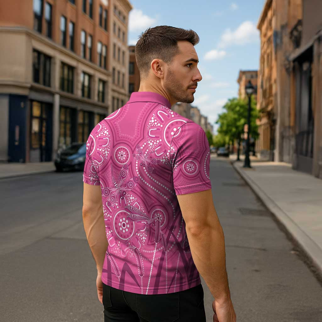 Australia Indigenous Pink Month Zipper Polo Shirt Breast Cancer Aboriginal Dragonflies Ribbon - Aussie Hoodie