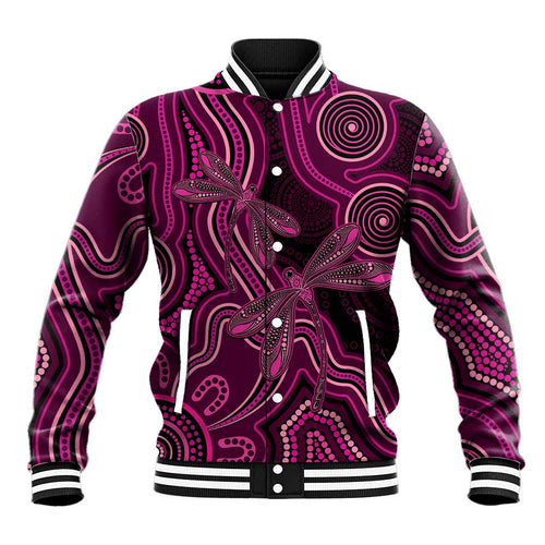 Australia Breast Cancer Awareness Baseball Jacket Pink Dragonflies Aboriginal Art - Aussie Hoodie