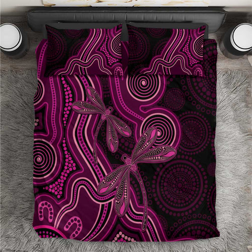Australia Breast Cancer Awareness Bedding Set Pink Dragonflies Aboriginal Art - Aussie Hoodie