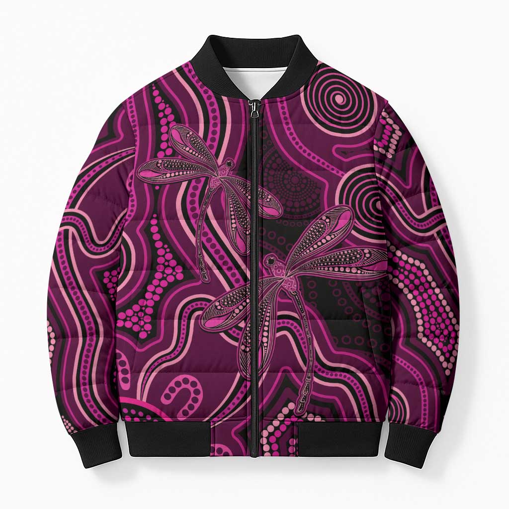 Australia Breast Cancer Awareness Bomber Puffer Jacket Pink Dragonflies Aboriginal Art - Aussie Hoodie